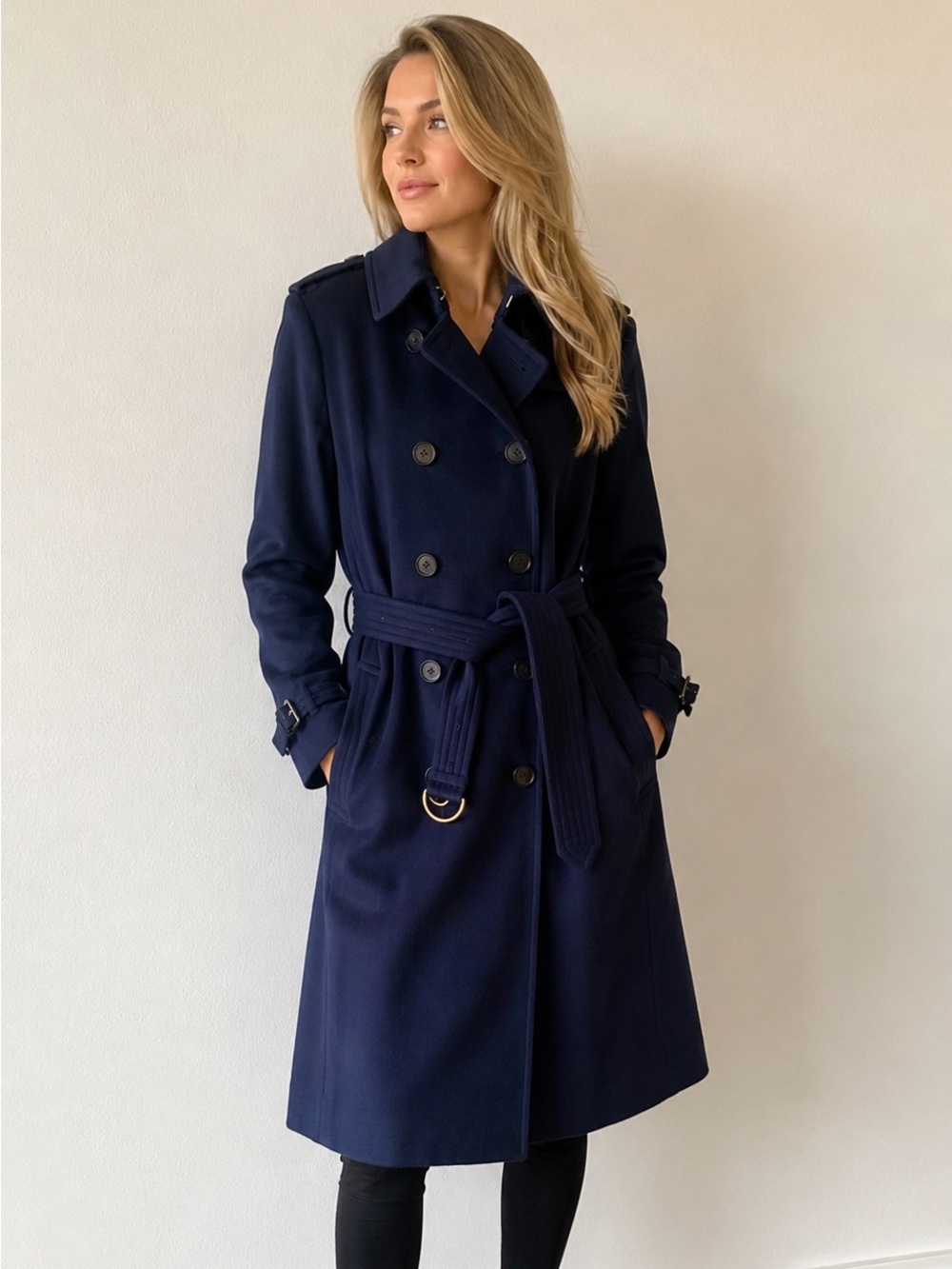 Classic Navy Double-Breasted Trench Coat 100% cashmere.